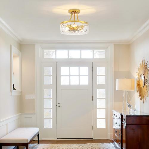 Brushed Gold Semi Flush Mount Ceiling Light Hammered Glass Light Fixture