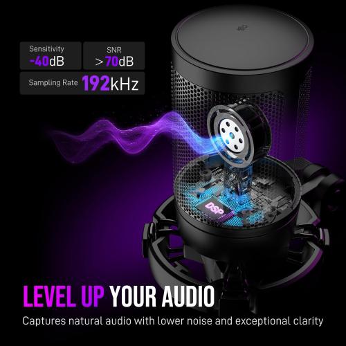 FIFINE Gaming PC USB Microphone, Podcast Condenser Mic with Boom Arm, Pop Filter, Mute Button for Streaming, Twitch, Online Chat, RGB Computer Mic for PS4/5 PC Gamer Youtuber-AmpliGame A6T