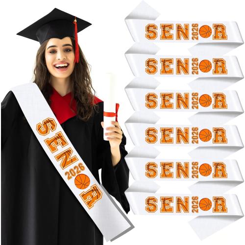 Hotop 6 Pcs Senior 2026 Satin Sashes White Sashes with Sport Themed Letters 2026 Graduation Sash Senior Cheer Sash Cheerleader Celebration Class Competition Party Decoration Supply (Basketball)