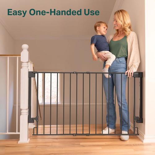 Cumbor Expandable 31.6-48 No Bottom Bar Baby Gate for Stair, Wide Dog Gate | 2-in-1 Hardware Mounted, 28 Tall Pet Gate for Doorways with Large Walk Thru Door, Child-Proof Safety Gate for Kids (Black)