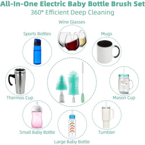 Electric Bottle Brush Cleaner, Rechargable Electric Baby Bottle Brush for Travel, Waterproof Electric Bottle Cleaner Set with Nipple & Straw Brush, Perfect Essentials Gift for Mom After Birth, Green