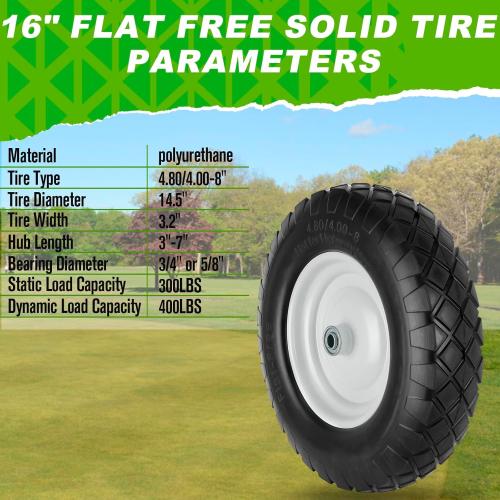 4.80/4.00-8 Tire and Wheel, 16 Flat Free Solid Wheelbarrow Tire with 5/8&3/4 Bearings 3 Hub, 14-16 Universal Fit Wheelbarrow Tires for Hand Truck/Garden Trailer/Trolley/Wagons