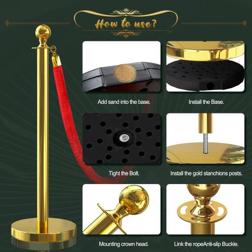 2Pcs Gold Stanchion Post Queue Velvet Ropes and Posts with Soild Base and 1pcs 5 Ft Red Velvet Ropes Carpet Ropes Posts Stanchion Set Crowd Control Barriers for Party Supplies