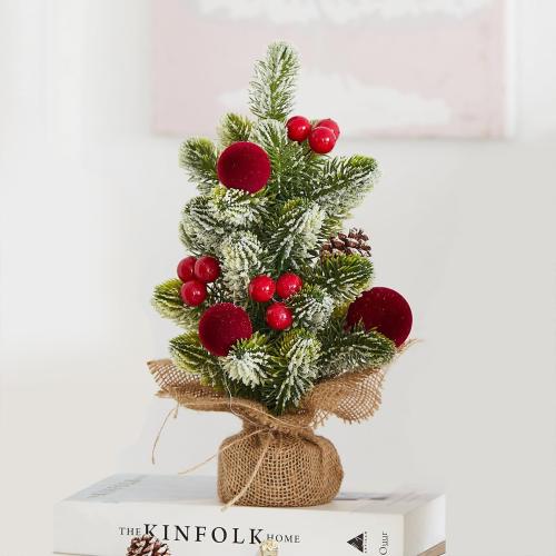 Burlap Small Christmas Tree Decor with Lights - Mini Tabletop Artificial Tree Centerpiece for Indoor Home Office Desk Holiday Decorations(Red Ornament)