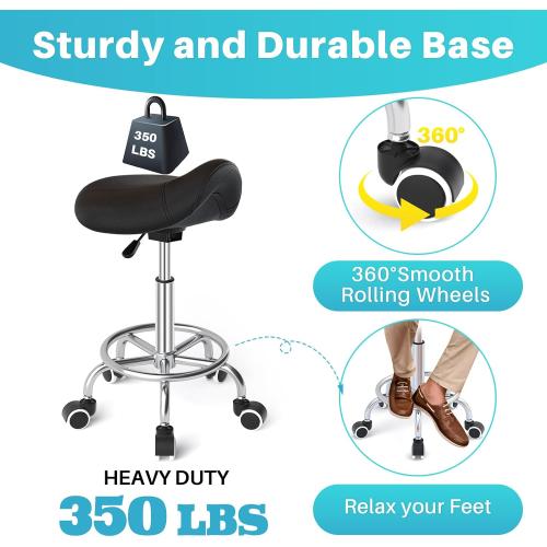 YEEZEE Saddle Stool Ergonomic- Comfortable Rolling Saddle Stool with Wide Thick Saddle Seat Padding, Swivel Adjustable Saddle Chair with Wheels and Ring Pedal for Medical Massage Salon (Dark Black)