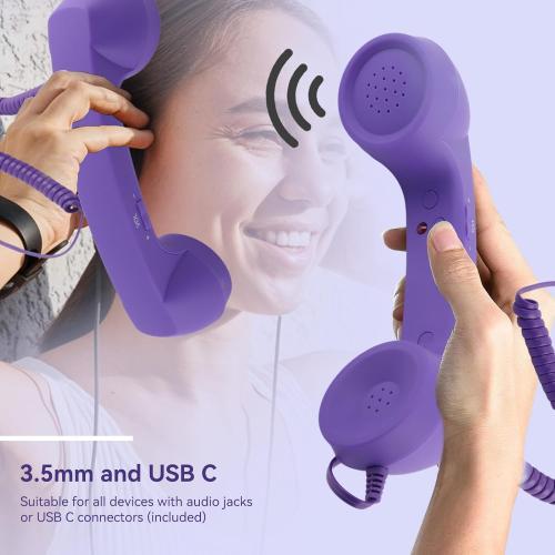 Telephone Handset for Cellphone, Retro Phone Handset with 3.5mm Jack Mobile Phone Receiver Old Telephone Headset Handheld Receiver for Cell Phone(Purple)