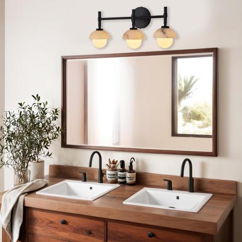 Mid-Century Modern Natural Alabaster Hand-Carved Wall Sconce, 3-Light Vanity Light Fixture Over Mirror with Alabaster Shade, Wall Light for Hallway, Bathroom ( SEE THE PICTURES FOR THE COLOR)