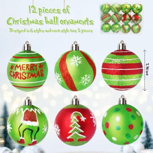 Christma Ornament Set,12 Pcs Christmas Tree Hanging Decorations, 2.36 Inch Green and Red Grinch Christmas Balls, Shatterproof Christmas Ornaments for Xmas Tree, Holiday Party Decor