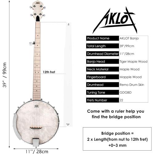 AKLOT 5 String Banjos Full Size Open Back Banjo Adjustable Maple Body Remo Head with 2 Tuning Wrench, 4 Picks, Strings, Tuner, Strap Ruler, Cleaning Cloth, Gig Bag for New Beginner Professional