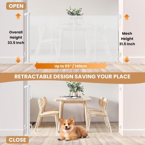 Reinforced Retractable Baby Gate or Mesh Dog Gate,Easy to Use for Stairs, Doorways, Hallways, Indoor, Outdoor, Wide Pet Gate 33.5 Tall, Extends to 55 Wide, White
