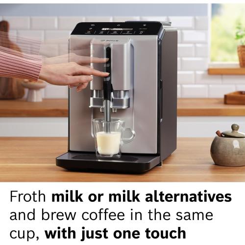 Bosch TIU20508 300 Series Fully Automatic Espresso Machine with Milk Express (in-cup frother), LCD   Touch Control Panel, Cup Warmer, OneTouch Milk-based Beverages and 5 Beverage Options, Dark Silver‼️Light dirt‼️