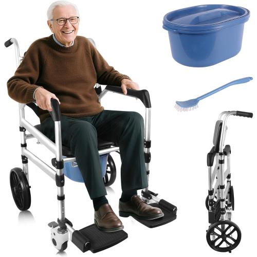 Rustproof Aluminum Frame Holds 400 lbs Smooth 360 Wheels with Locks for Safe Shower Chair Commode Transfer Aid for Senior Sturdy Rolling Height Adjustable Alloy Bathing Seat Bathroom Toilet Wheelchair