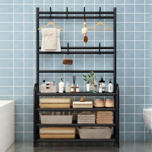 Black H: 61 4 Tier Shoe Rack Coat Rack Shoe Shelf Freestanding with 8 Hooks for Front Door Entryway Bedroom Closet, Black