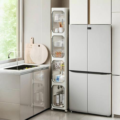 Hobetta 4-Tier 96QT Slim Bathroom Storage Cabinet, Tall Narrow Storage Cabinet with Doors and Adjustable Shelves, Wheels, Stackable & Collapsible Plastic Organizer for Small Spaces, Bathroom, White