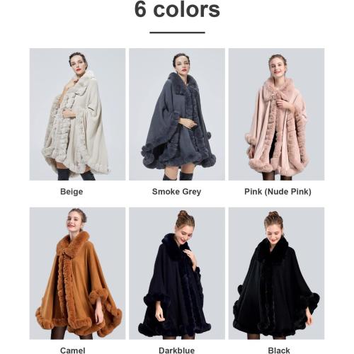 Poncho Shawl Wrap Winter Faux Fur Cape Cloak Coat with Faux Fur Trim Sleeveless Cardigan for Party