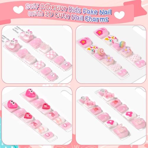 Mini Press on Nails Short, Thrilez Fake Short Nails Stick ons Cute 3D Acrylic Nail Set for Gifts