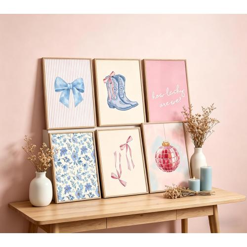 6Pcs Blue Pink Preppy Canvas Wall Art Coquette Room Posters Print Artwork Cute Bow Boot Wall Decor How Lucky Are We Painting Pictures for Girls Room Dorm Bedroom Home Decoration 8x10in Unframed