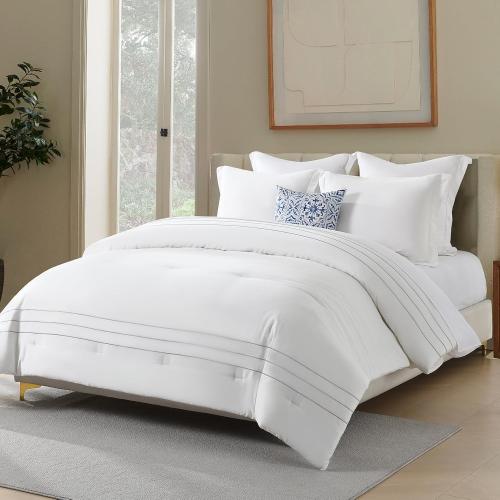 SahSahCasa Long-Staple Cotton Comforter Set King Size, Fluffy Bedding Set for King Bed, Embroidery Striped Lightweight Quilted Bed Set, 104 × 90, 3pcs, White