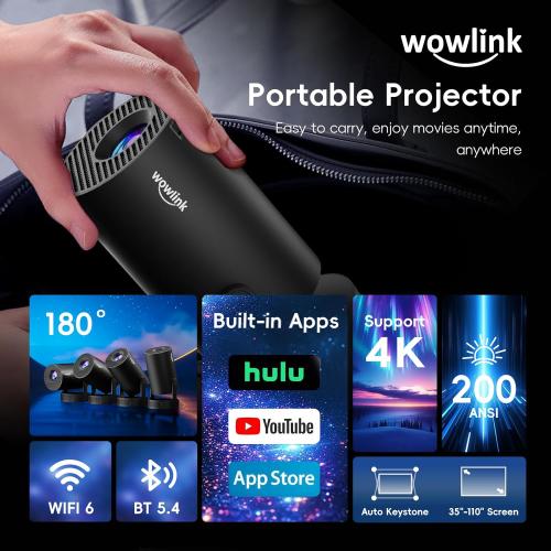 [Built-in Apps & 2026 Upgraded] Mini Projector with WiFi 6 and Bluetooth 5.4 Support 4K 1080P Auto Keystone 180° Rotatable Projector Portable Compatibile with HDMI/TV Stick/Memory Stick/Laptop