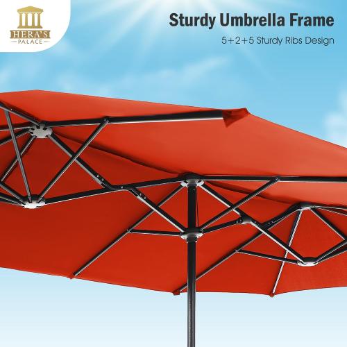 HERA'S PALACE 13 ft Large Patio Umbrella, Double-Sided Twin, Outdoor Market Umbrella with Crank Handle, Powerful UV Protective, Orange Red