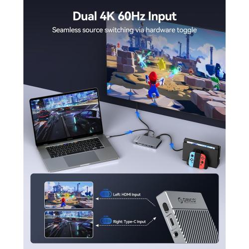 ORICO 4K USB Portable HDMI Capture Card with Dual 4K@60Hz Inputs, Compatible with PS5/Xbox/Switch/OBS and More, for Streaming & Recording Gaming, Works on Laptop, PC, Mac, iPad