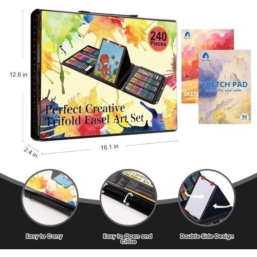 VigorFun Art Supplies, 240-Piece Art Set Crafts Drawing Kits with Double Sided Trifold Easel, Sketch Pads, Crayons, Colored Pencils, Gifts for Kids Girls Boys Teen Ages 4-6-8-9-12 (Black)