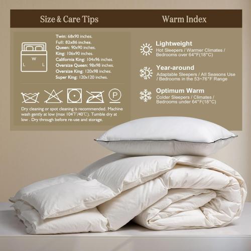 BPC Lightweight Organic Feather Down Comforter King Size, Hotel Luxury Duvet Insert with 100% Cotton Cover and Puffy Feather Down Filling, for Summer/Hot Sleepers, Ivory White, 106x90 Inches