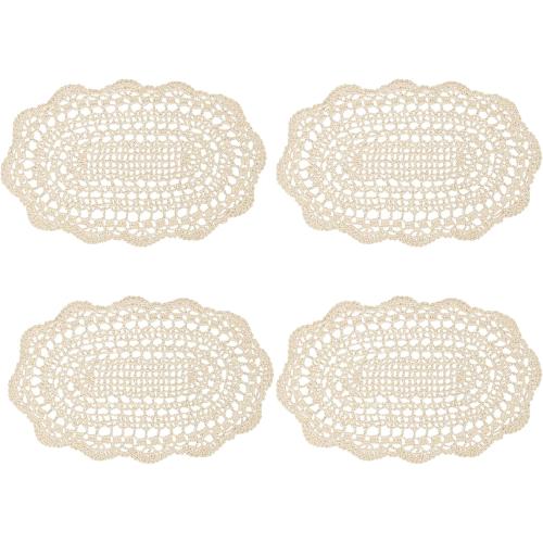 kilofly Crochet Cotton Lace Placemats Doilies 4pc, Oval, Beige, 7.8 x 14 inch