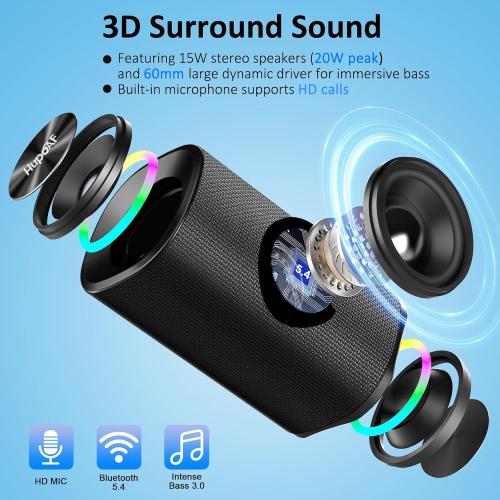 Bluetooth 5.4 Speaker, 2026 Wireless Bluetooth Speaker with 20W Stereo Deep Bass, HD Call, Colorful RGB Lights, TF-Card USB, TWS Pairing, IP-X7 Waterproof for Travel Party Home Beach Indoor Outdoor