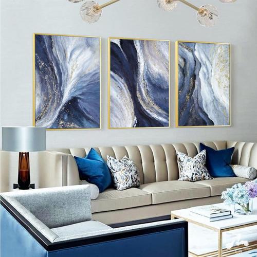 Framed Gold And Blue Abstract Canvas Wall Art For Living Room-3 Pieces Blue River and Mountain Oil Painting For Bedroom-Large Gold Wall Decor for Office Kitchen 24x48 inches Ready To Hang