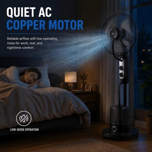 16 Misting Pedestal Fan with 4L Humidifier | 70° oscillating fan with 3 speeds, AC copper motor, anti-dry burn protection, and wheels for home, office, or bedroom use.