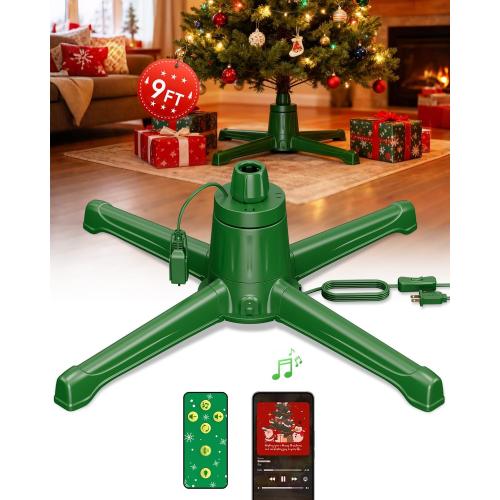 Musical Rotating Christmas Tree Stand with Memory Function, Built-in 6 Outlets 800W, Anti-tilt Noiseless 360 Degree Spinning Stand with Remote and Speaker, Up to 9ft 120 lb Artificial Trees