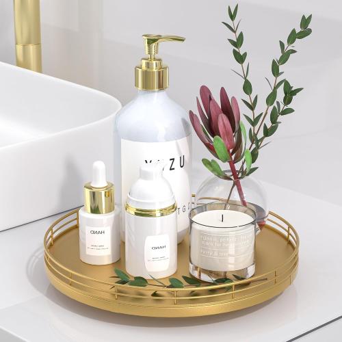 10 Gold Lazy Susan for Table Top, Oak Wood Lazy Susan Turntable Organizer for Dining Coffee Table Centerpiece Bar Decor Kitchen Countertop Bathroom Vanity Decorative Tray for Perfume Jewelry Round