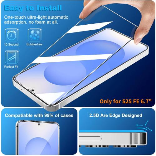 firtstnow 3 Pack for Samsung Galaxy S25 FE Screen Protector Tempered Glass   3 Pack Camera Lens Protector, Military Grade Shatterproof, 9H Hardness, Fingerprint Unlock, Case Friendly 6.7 Inch