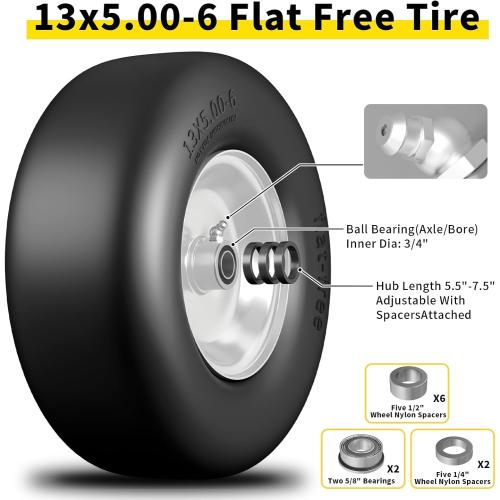 13x5.00-6 Flat Free Lawn Mower Tire, Zero Turn Mower Front Tires, 13x5x6 Solid Mower Wheel for Residential and Commercial, 3/4 & 5/8 Bearing, 3.25-5.9 Center Hub, 2Pack Gray, 500Lbs