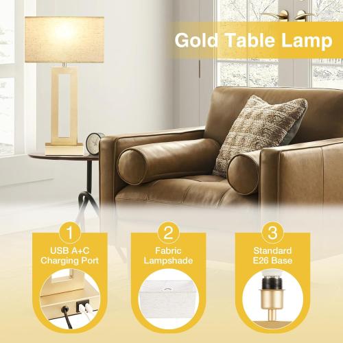 Seealle 22 Tall Bedroom Lamps for Living Room - Touch Gold Bedside Lamps with USB C A, 3 Way Dimmable Lamp for Nightstand, Modern Night Stands Lamps for End Tables(Beige&Gold)