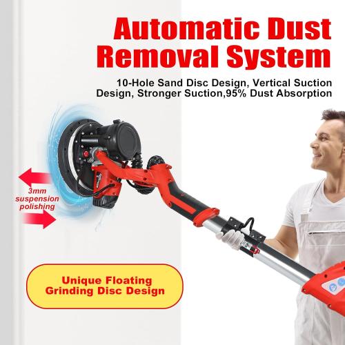 Drywall Sander, 1150W Electric Drywall Sander with Vacuum Dust Collector, 7.2A Popcorn Ceiling Removal Tool, 6 Variable Speed 900-2100RPM, Pure-Copper Motor, IP20 Waterproof,Extendable Handle