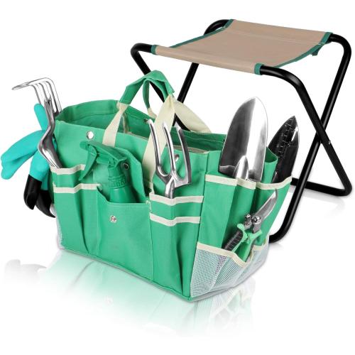 Kitness 9 PCS All-in-one Garden Tools Set Heavy Duty Cast-Aluminium Alloy Gardening Tools Kit with Folding Stool Seat&Detachable Canvas Tool Bag Great Gifts for Gardening