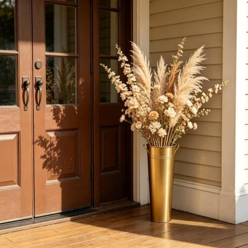 Hosley Set of 2 Gold Metal French Bucket with Handles & PVC Liner, 6 Dia x 15 H for Weddings, Parties, Country Picnics, Floral Arrangements, Tableware Storage, or Gardens - Rustic Farmhouse Décor
