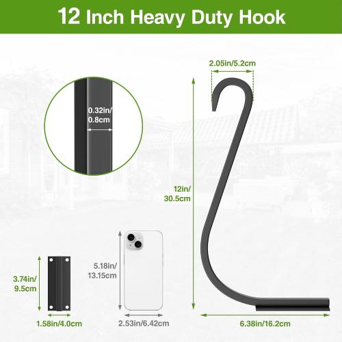 12 Inch 2 Pack Plant Hangers for Indoor/Outdoor Wall Mount - Heavy Duty Hanging Plant Holder & Bird Feeder Hooks, Decorative Black Metal Wall Hangers for Plants, Flower Baskets