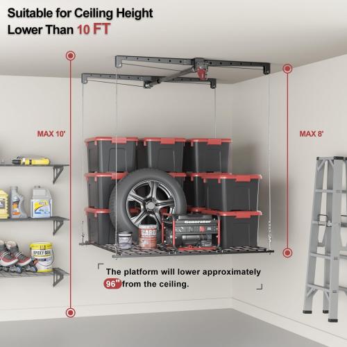 Overhead Garage Storage Rack for 8-10 FT Ceiling, Heavy-duty 4x4 FT Ceiling Storage Racks with Safety Lock, Ideal for Garage Storage Mounted Lift System and Storage Organizer, 250lbs Capacity