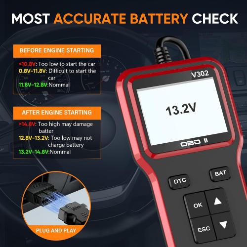 OBD2 Scanner and Battery Tester, Vehicle Code Reader for Check Engine Light