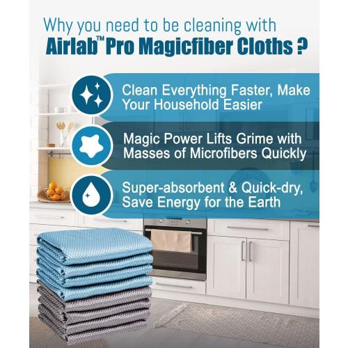 Airlab Streak Free Miracle Cleaning Cloths Easy Clean Nanoscale, Pack of 8, 12'' x 16'', Microfiber Polishing Windows Glass Lint Free Rags Stainless Steel Car Kitchen Reusable