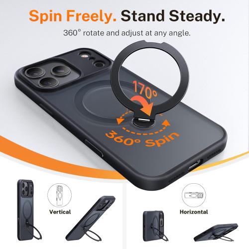 for iPhone 17 Pro Case: with 360° Spin Magnetic Stand, Camera Control Button, Fit for MagSafe, Military Drop Protection, Protective Slim Phone Cover for 17Pro with Ring Kickstand, 6.3, Black