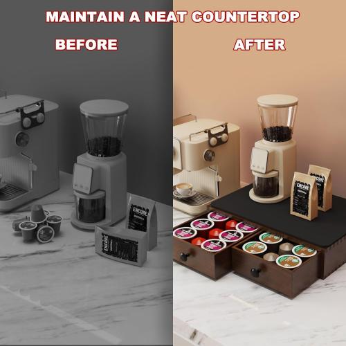 K Cup Holder, Wooden K Cup Organizer Box for Counter, Tea and Coffee Pod Storage Drawer Coffee Maker Stand, 30 Pod Capacity, Walnut Black