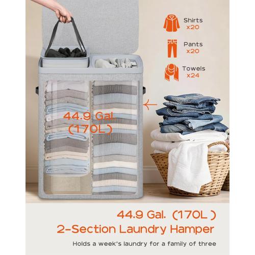 CASAMAYA Laundry Basket with Lid, Laundry Hamper 2 Section, 170L collapsible Laundry Organizer, Easy Assembly, with Handles and Removable Liners, 22 x 15.7 x 29.5 Inches, Gray JSP903G
