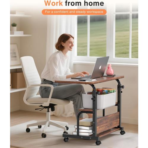 QZMDSM Portable Rolling Desk on Wheels Adjustable Height Desks for Small Spaces, 32 Computer Desk Drafting Tables with Storage Shelves for Home Office Rustic