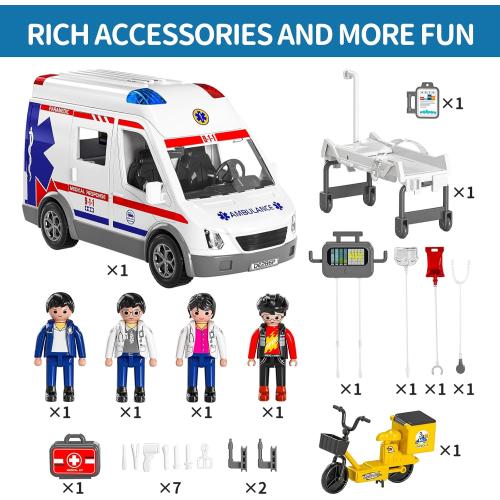 TEMI Ambulance Toy for Kids, Emergency Vehicle Toy, Friction Powered Truck | Light and Sound, Role Playing Play Vehicles with Figures Toys, Car Toy, Birthday Gifts for Age 3 4 5 6 7 8 Boys Girls