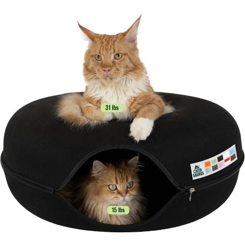Cattasaurus Peekaboo Cat Cave Donut for Multiple & Large Cats up to 30-45 lbs, 3-in-1 Self Warming Cat Bed, Tunnel & Scratcher for Indoor Cats, Washable & Detachable Small Dog Bed (Black, Jumbo)