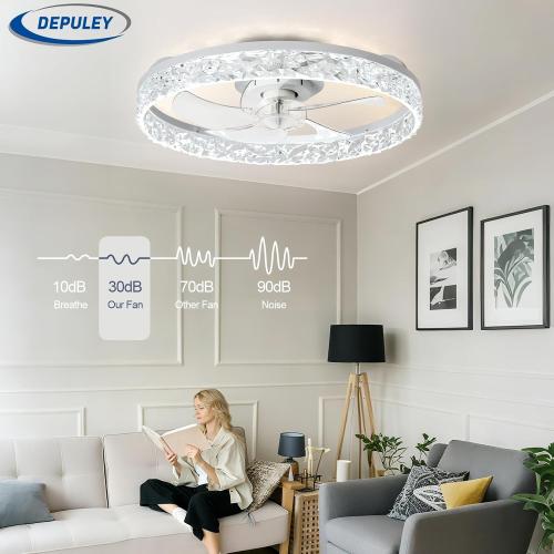 Depuley Ceiling Fans with Lights and Remote: Full Package 20 Modern Low Profile Flush Mount LED Ceiling Fan for Bedroom App Control - White Crystal Bladeless Fandelier for Laundry Room Kitchen